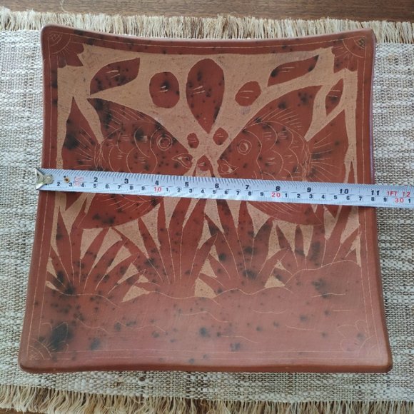 Terracotta Large Bowl Etched Carved Clay Angelfish VTG Decorative Plate 11" - Picture 10 of 12